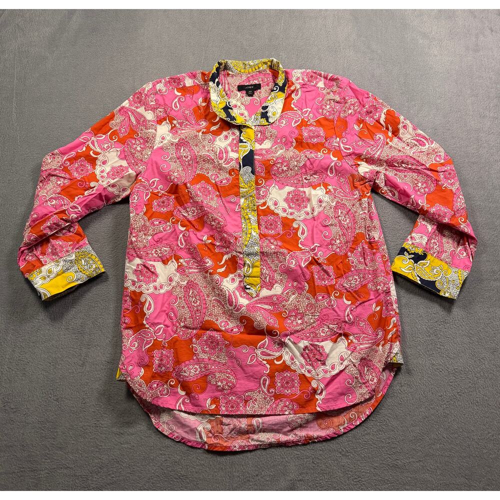 J Crew Paisley Poplin Popover Shirt Women XS Pink Orange Geometric Button Blouse